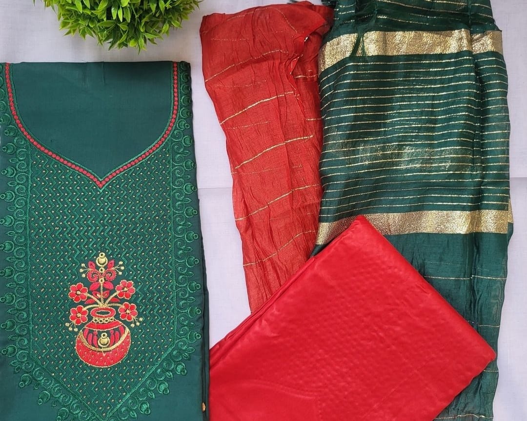 Cotton suit with double color dupatta